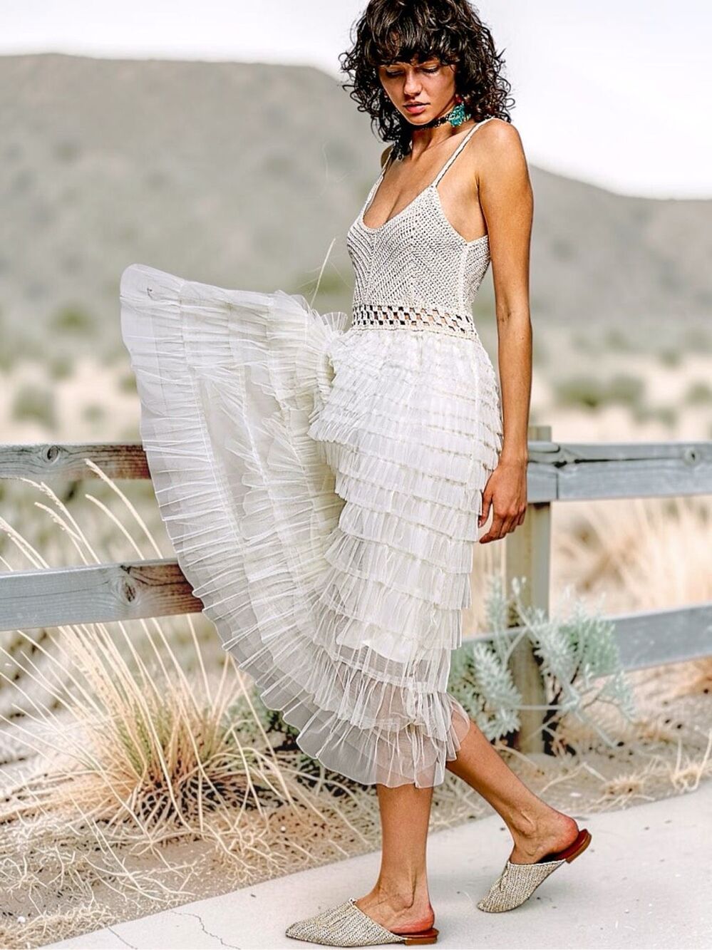 POL Crochet Lace Tiered Midi Dress | Boho Ivory Ruffle | Western Festival | O/S - Picture 6 of 14